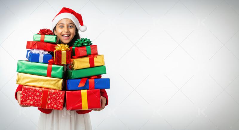 A smiling Indian girl in a Santa hat holds a stack of Christmas presents wrapped with red ribbons