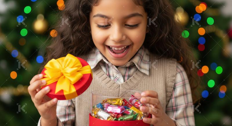 A joyful girl excitedly opens a festive gift box filled with colorful candies during a christmas celebration