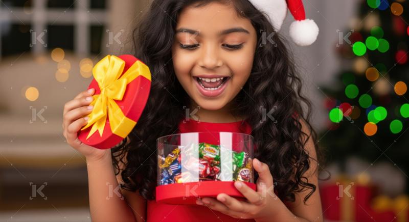 A joyful girl excitedly opens a festive gift box filled with colorful candies during a christmas celebration