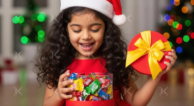 A joyful girl excitedly opens a festive gift box filled with colorful candies during a christmas celebration