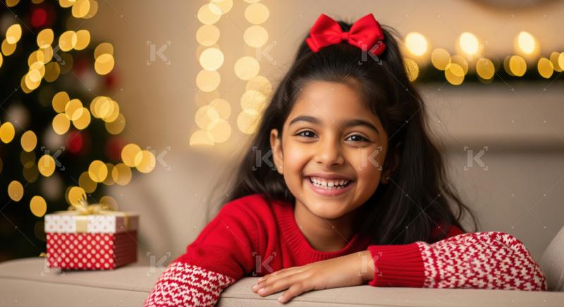 Girl in a festive red sweater with a matching red hair bow sits by a Christmas tree