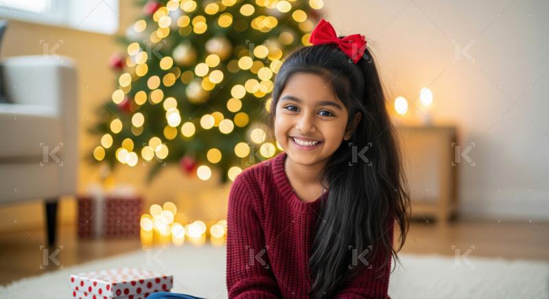 Girl in a festive red sweater with a matching red hair bow sits by a Christmas tree