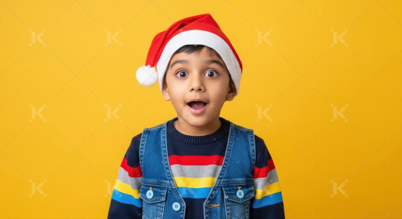 A joyful Indian boy in a Santa hat holds a colorful stack of Christmas presents, beaming with excitement