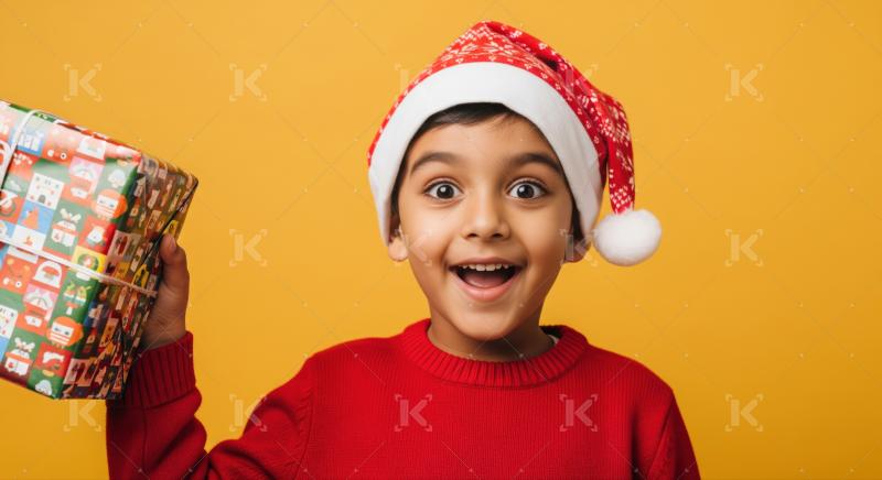 A joyful Indian boy in a Santa hat holds a colorful stack of Christmas presents, beaming with excitement