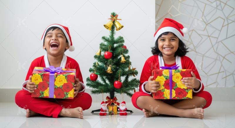 Two children in Santa hats sit on the floor with wrapped gifts beside a small decorated Christmas tree
