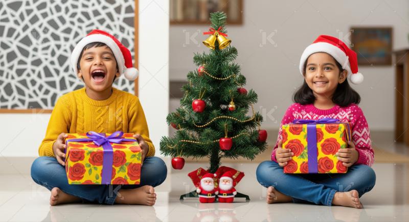 Two children in Santa hats sit on the floor with wrapped gifts beside a small decorated Christmas tree