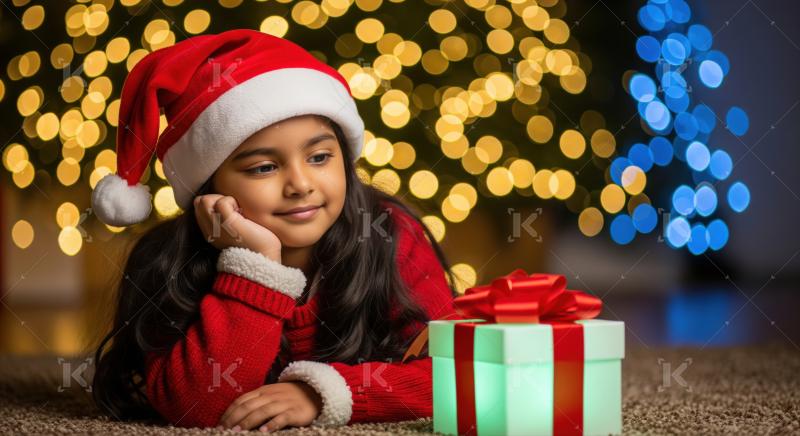 Girl in a Santa hat joyfully decorates a Christmas tree with colorful ornaments and bright lights during the festive season.