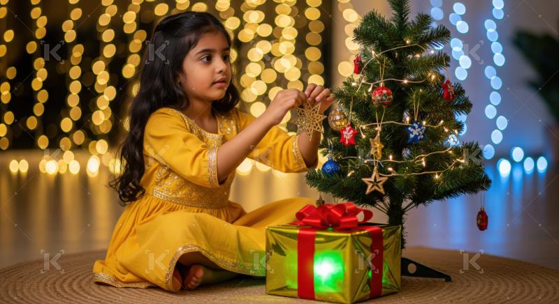 Girl in a Santa hat joyfully decorates a Christmas tree with colorful ornaments and bright lights during the festive season.