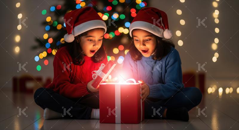 Two children in Santa hats excitedly open a glowing Christmas present together in front of a festive tree with colorful lights.