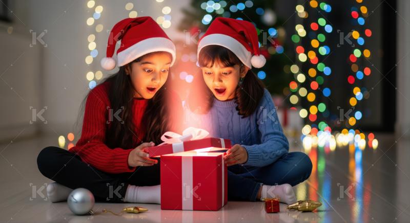 Two children in Santa hats excitedly open a glowing Christmas present together in front of a festive tree with colorful lights.