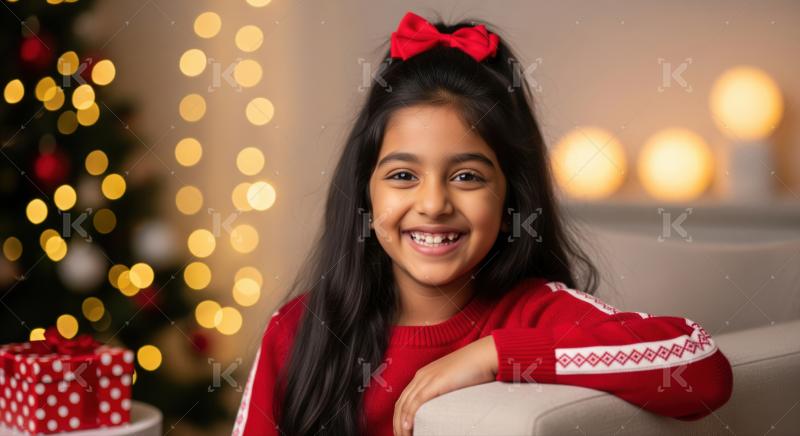 A smiling Indian girl in a Santa hat holds a stack of Christmas presents wrapped with red ribbons