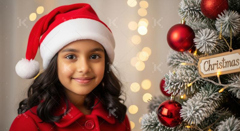 Little girl in a Santa hat and red coat stands next to a beautifully decorated Christmas tree with glowing lights