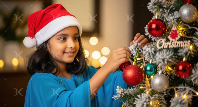 Girl in a Santa hat joyfully decorates a Christmas tree with colorful ornaments and bright lights during the festive season.