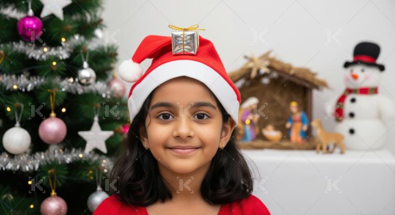 A smiling Indian girl in a Santa hat holds a stack of Christmas presents wrapped with red ribbons