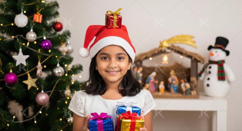 A smiling Indian girl in a Santa hat holds a stack of Christmas presents wrapped with red ribbons