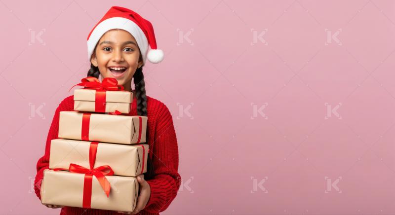 A smiling Indian girl in a Santa hat holds a stack of Christmas presents wrapped with red ribbons