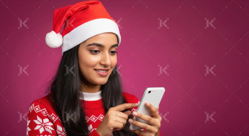 A young woman in a Santa hat and festive sweater smiles while using her smartphone against a vibrant pink background