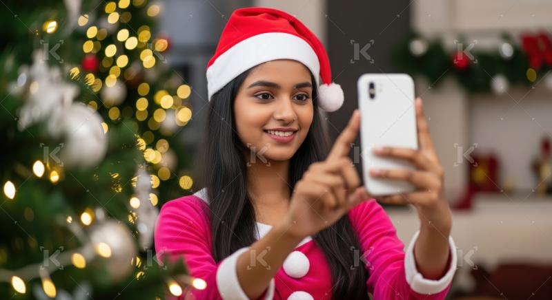 A young woman in a Santa hat and festive sweater smiles while using her smartphone against a vibrant pink background