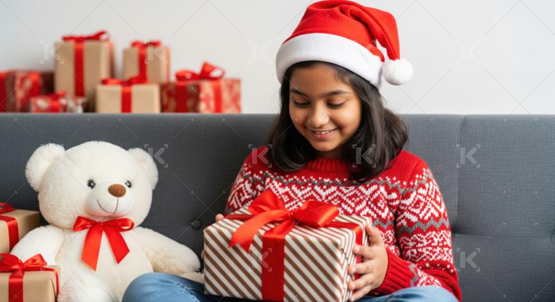 Little girl in a Santa hat and festive sweater happily unwraps a Christmas gift on a couch beside her teddy bear