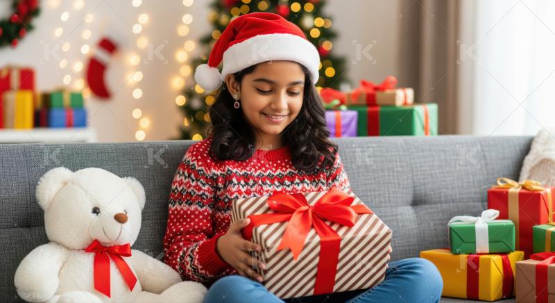 Little girl in a Santa hat and festive sweater happily unwraps a Christmas gift on a couch beside her teddy bear