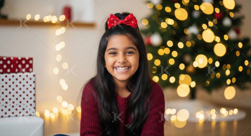 A smiling Indian girl in a Santa hat holds a stack of Christmas presents wrapped with red ribbons