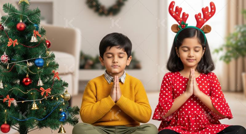 A little boy and girl sit peacefully in prayer pose beside a decorated Christmas tree