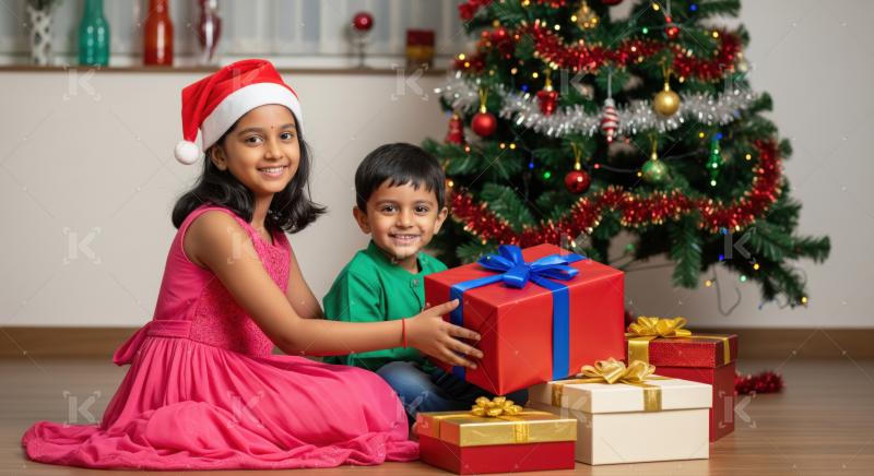 Girl in a Santa hat and a boy sit by a Christmas tree exchanging beautifully wrapped gifts