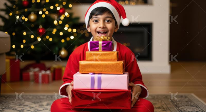 A joyful Indian boy in a Santa hat holds a colorful stack of Christmas presents, beaming with excitement