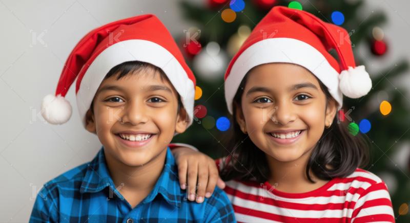 Two children in Santa hats sit on the floor with wrapped gifts beside a small decorated Christmas tree