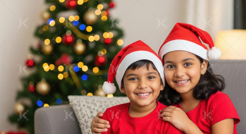 Two children in Santa hats sit on the floor with wrapped gifts beside a small decorated Christmas tree