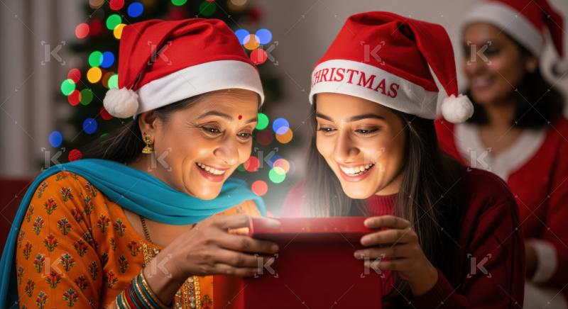 Two women wearing festive Santa hats joyfully open a glowing gift box together with a Christmas tree in the background