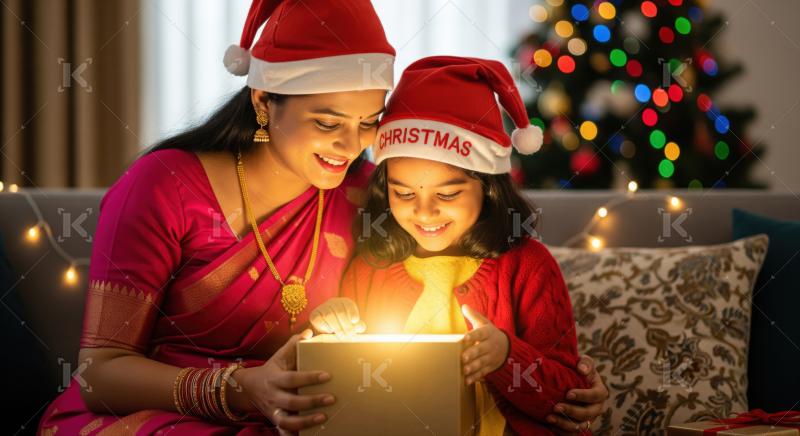 A joyful young girl in a Santa hat excitedly reaches out for a Christmas present from her mother