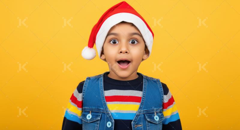 A joyful Indian boy in a Santa hat holds a colorful stack of Christmas presents, beaming with excitement