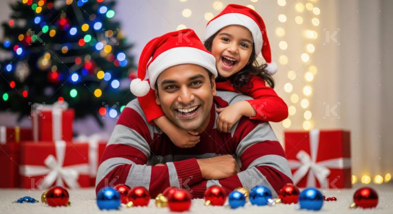 A father and daughter wearing Santa hats share a joyful moment together in front of a Christmas tree