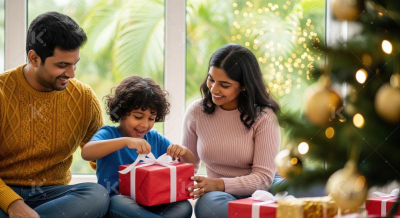 A family sits together by a Christmas tree, helping their child open a festive red gift box in a warm and joyful holiday setting.