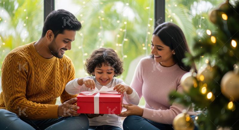 A family sits together by a Christmas tree, helping their child open a festive red gift box in a warm and joyful holiday setting.