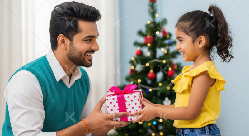 A father and daughter share a joyful moment exchanging a Christmas gift in front of a beautifully decorated tree at home.