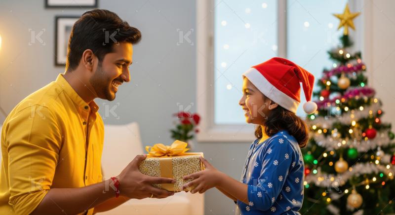 A father and daughter share a joyful moment exchanging a Christmas gift in front of a beautifully decorated tree at home.
