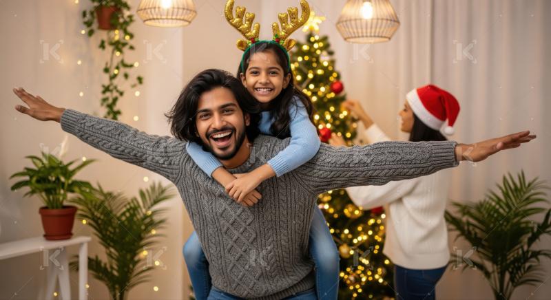 A joyful Indian family like father and daughter celebrating Christmas together at home