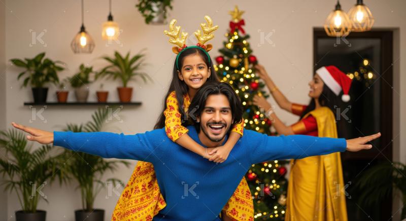 A joyful Indian family like father and daughter celebrating Christmas together at home