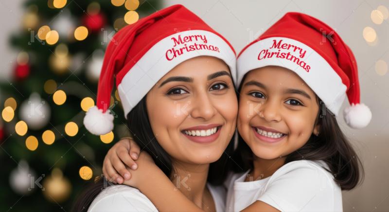 A mother and daughter in matching Santa hats share a loving embrace beside a beautifully lit Christmas tree at home.