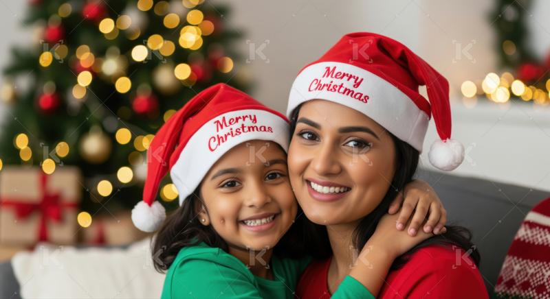 A mother and daughter in matching Santa hats share a loving embrace beside a beautifully lit Christmas tree at home.