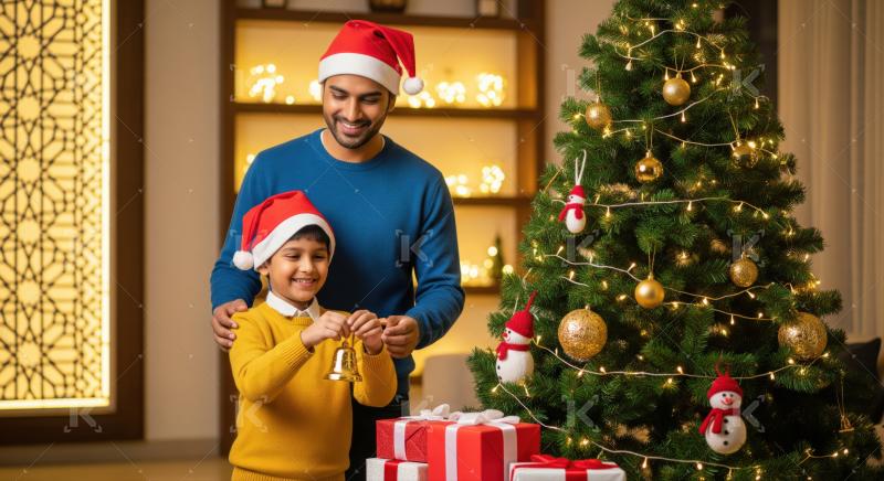A father and child, both wearing Santa hats, decorate a Christmas tree together with festive gifts and lights in a warm, joyful atmosphere.