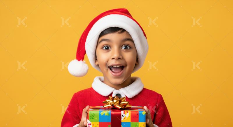 A joyful Indian boy in a Santa hat holds a colorful stack of Christmas presents, beaming with excitement