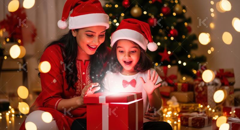 A mother and daughter in Santa hats joyfully open a magical Christmas present together amidst glowing lights and a festive tree.