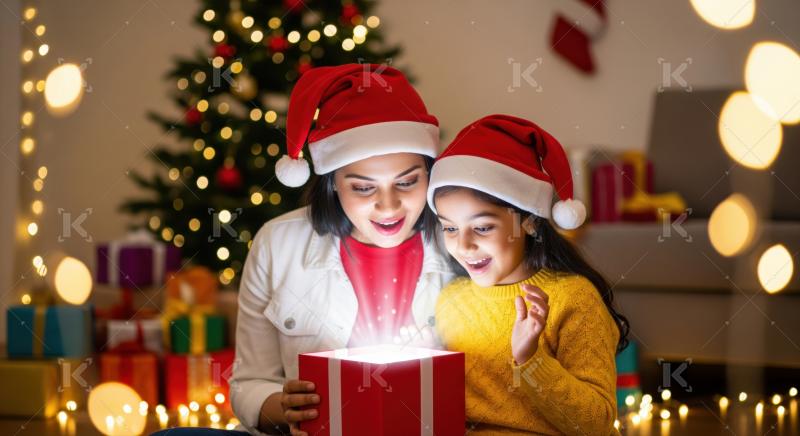 A mother and daughter in Santa hats joyfully open a magical Christmas present together amidst glowing lights and a festive tree.