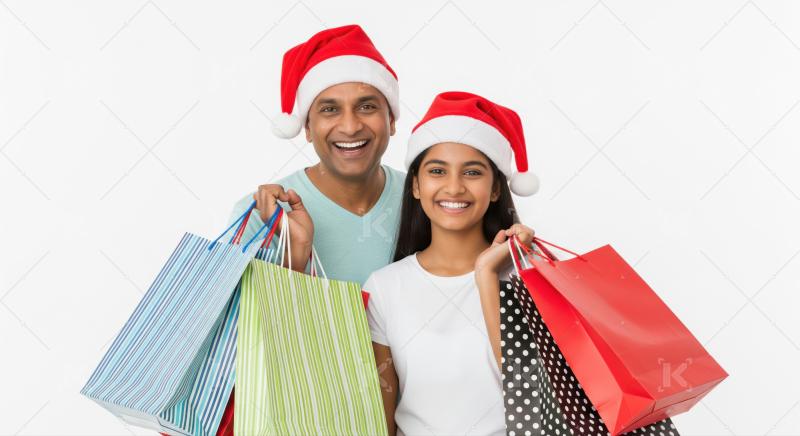 Happy indian father and daughter holding shopping bags on christmas festival