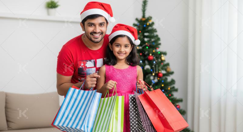 Happy indian father and daughter holding shopping bags on christmas festival