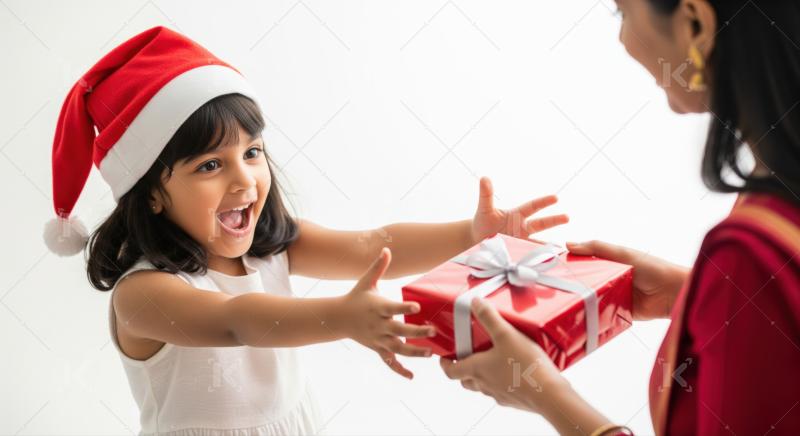 A joyful young girl in a Santa hat excitedly reaches out for a Christmas present from her mother