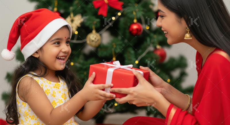 A joyful young girl in a Santa hat excitedly reaches out for a Christmas present from her mother